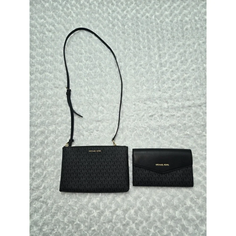 Michael Kors Black Logo Crossbody Bag Adjustable Strap Wallet Set for Women